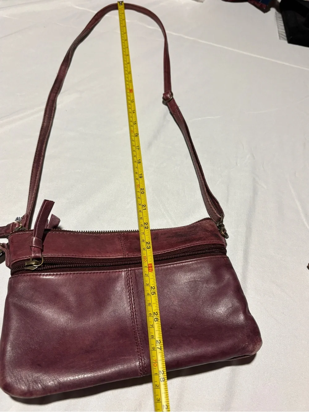 Burgundy Leather Crossbody Purse Small Multi Zip Shoulder Bag Tassel